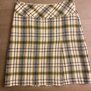 Ann Taylor Loft Brown, tan and blue plaid skirt. Size 0. Wool and rayon.